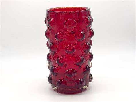 Blenko Glass Red Bubble Vase Vintage Mid Century Art Glass Etsy