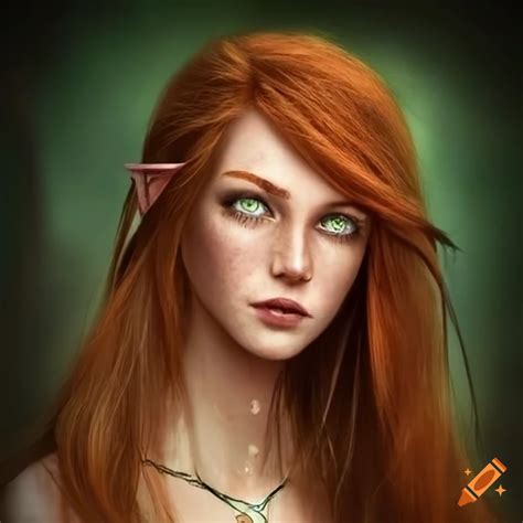 Portrait Of An Auburn Haired Elven Woman With Green Eyes