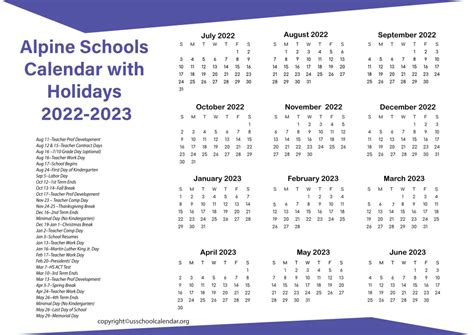 Alpine Schools Calendar with Holidays 2022-2023