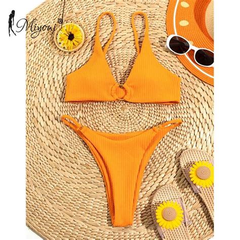 Jual Sexy Women Bikinis High Cut Rib Swimwear Womens Solid Beachwear