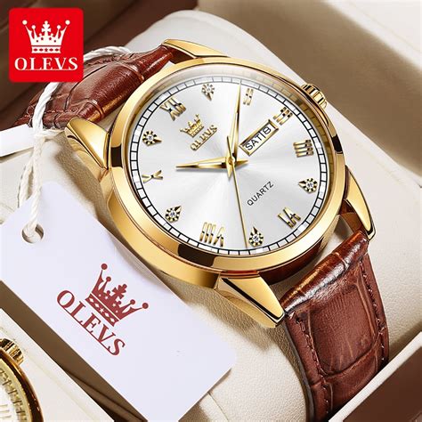 OLEVS Leather Watches For Men Big Dial Mens Watches Brown Leather Band ...