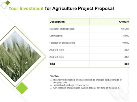 Your Investment For Agriculture Project Proposal Ppt Powerpoint Design Ideas Powerpoint Slides