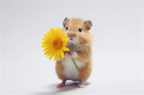 Premium Photo | Cute Hamster with Yellow Daisy on White Background