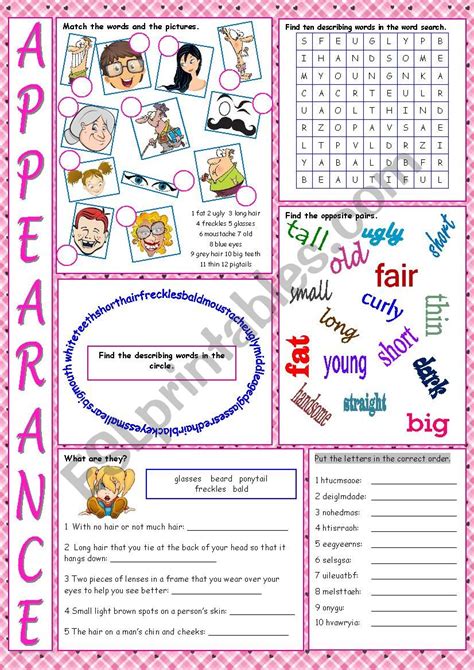 Appearance Vocabulary Exercises - ESL worksheet by kissnetothedit