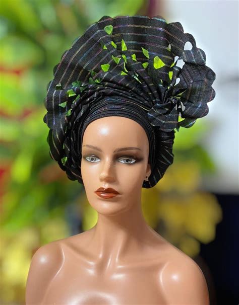 Autogele Aso Oke Black Pre Tied African Headwrap African Etsy