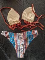 Ruffles Metallic Ethnic Printed Boho Cheeky Bikini Swimwear In DEEP COFFEE ZAFUL