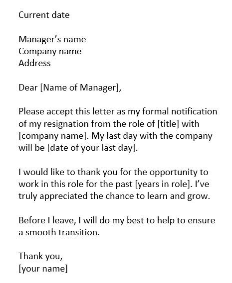 Resignation Letter Template Two Weeks Notice