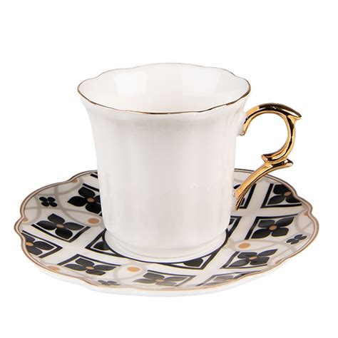 6CEKS0006 Tasse Et Soucoupe 95 Ml Blanc Noir Porcelaine Vaisselle