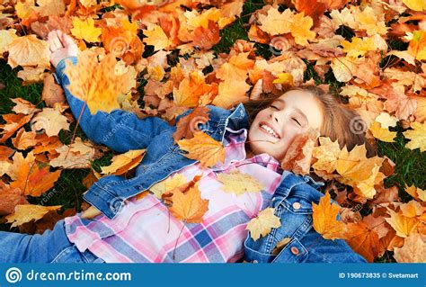 Retrato Otoñal De Una Niña Sonriente Feliz Recostada En Hojas En El