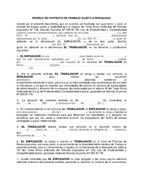 Modelos - MODELO DE CONTRATO DE TRABAJO SUJETO A MODALIDAD - MODELO DE