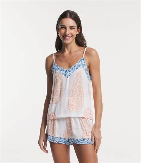 Pijama Short Doll Alcinha Em Viscolycra Estampa Paisley E Detalhes