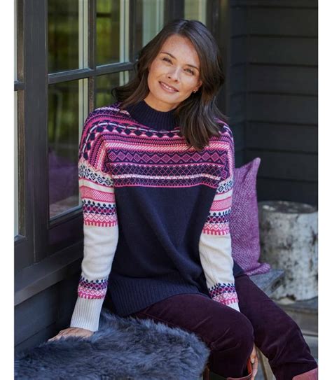 Navy Pink Reverse Colour Fairisle Yoke Jumper WoolOvers UK