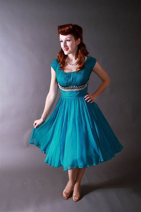 Black Friday Sale Vintage 1950s Dress Teal Chiffon Party Etsy