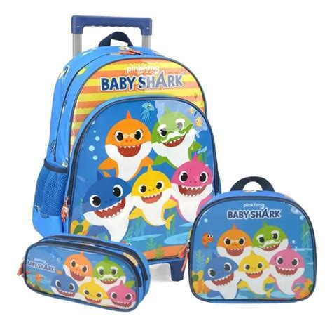 Kit Mochila Rodinhas Lancheira E Estojo Baby Shark Luxcel