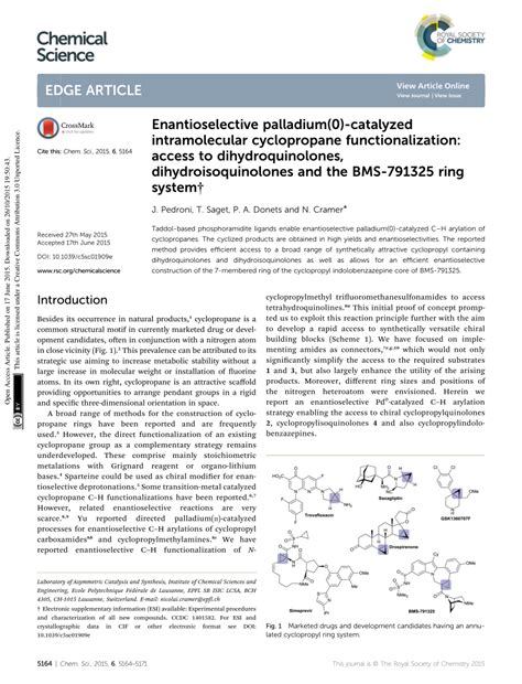 Pdf Enantioselective Palladium 0 Catalyzed Intramolecular Cyclopropane Functionalization