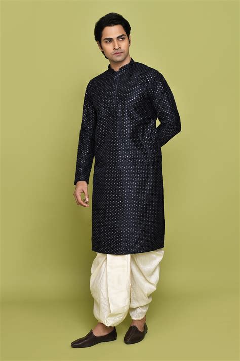 Buy Blue Dupion Art Silk Embellished Sequin Kurta With Dhoti Pant For Men By Aryavir Malhotra