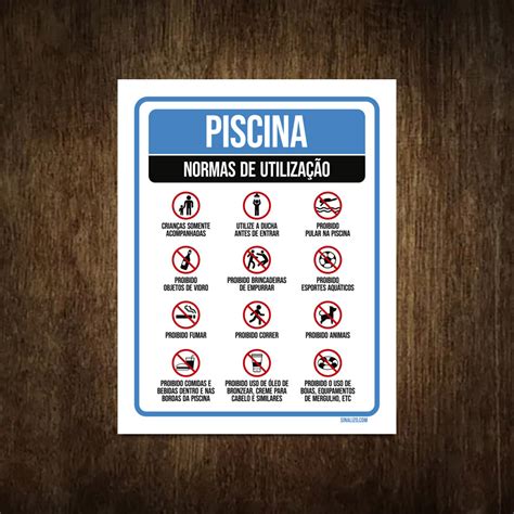 Placa Sinalização Regras da Piscina Normas de utilizaçãoSinalizo Placas