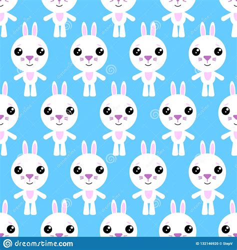 Seamless Pattern of Cartoon Bunny on Blue Background. Stock Vector ...