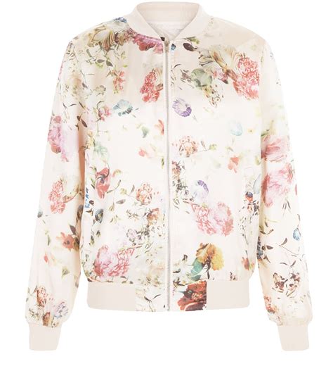 New Look Pink Floral Print Bomber Jacket Satiny