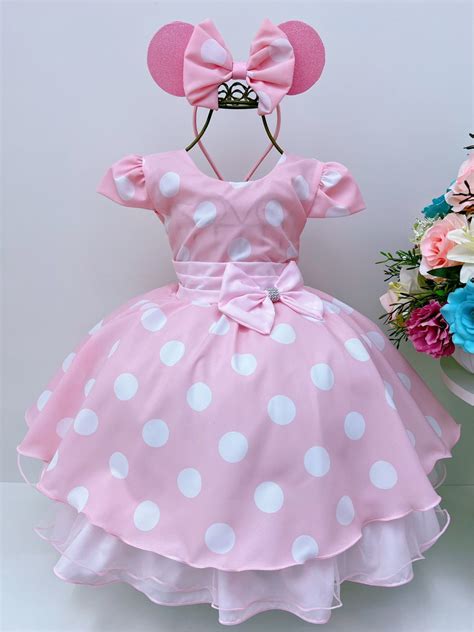 Vestido Infantil Festa Minnie Rosa Bolinhas Brancas Elo