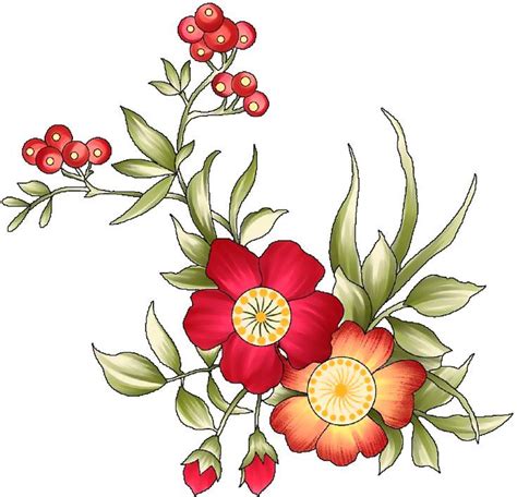 A Drawing Of Flowers With Leaves And Berries On The Stems In Red