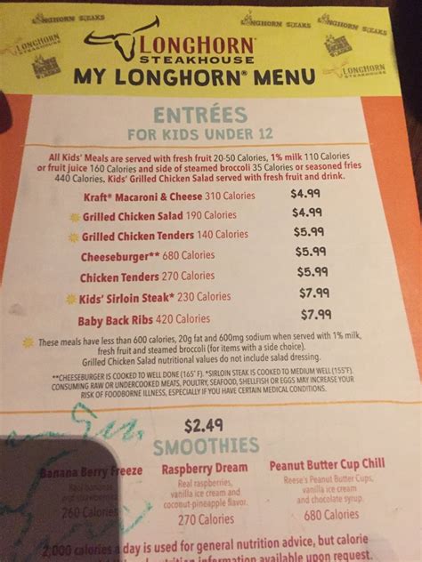 Printable Longhorn Lunch Menu With Prices