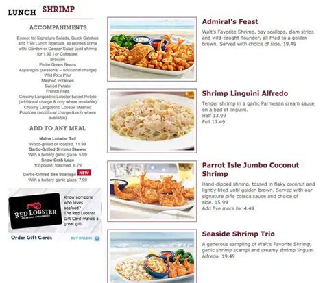 Printable Red Lobster Menu