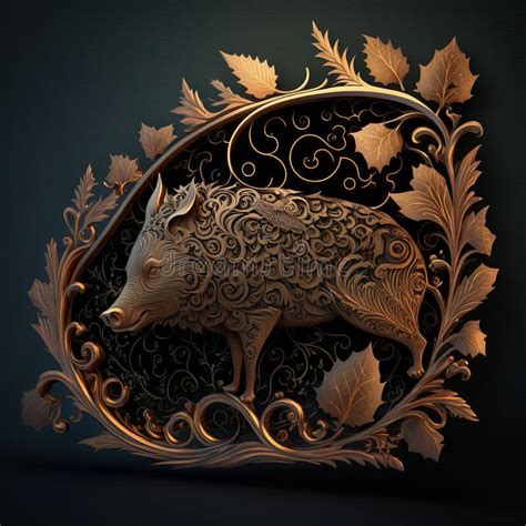 Gold Filigree Inlaid Wild Boar Generative Ai Stock Illustration