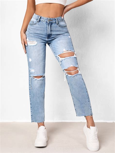 High Waist Ripped Straight Leg Jeans Shein Usa