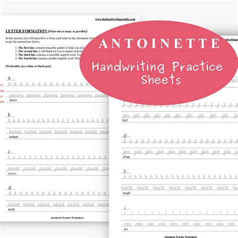 Antoinette Handwriting Practice Sheets Lowercase Uppercase Etsy Handwriting Practice Sheets