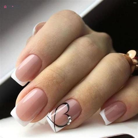 False Nails Nude Color Press On Simple French Fake With Black Love Heart Designs Pink Medium
