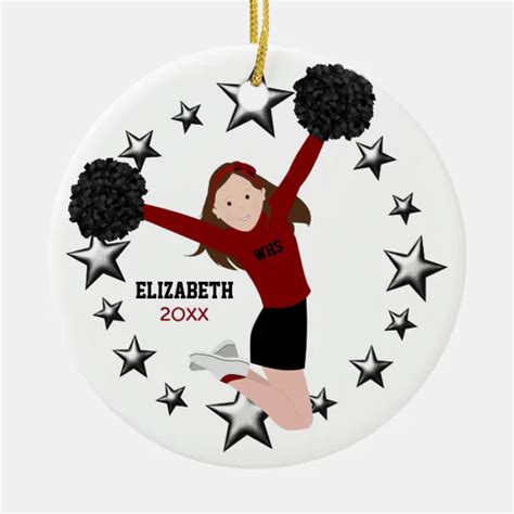 Brunette Cheerleader Pom Poms In Red Black Ceramic Ornament Zazzle