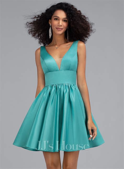 A Line V Neck Short Mini Satin Homecoming Dress 022203124 Jjs House