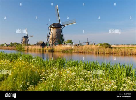 Historic Windmills At Kinderdijk South Holland Netherlands Stock