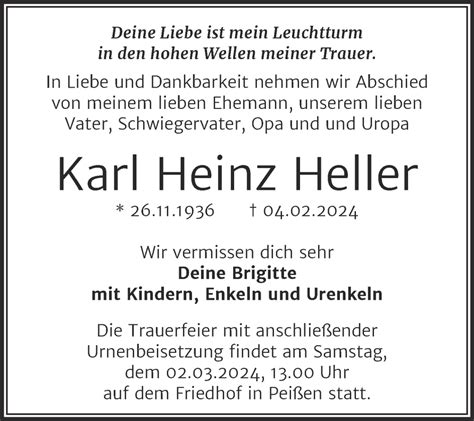 Traueranzeigen Von Karl Heinz Heller Abschied Nehmen De