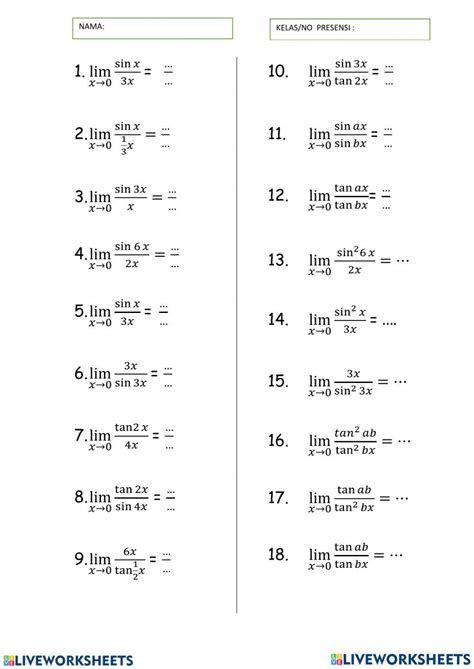 Limit Of Trigonometric Functions Worksheet Live Worksheets