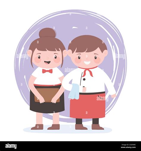 Cute Waitress Female And Male Professional Cartoon Character Vector