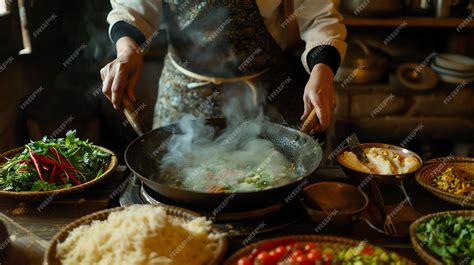 Premium Photo | A chef is cooking in a wok over an open fire The wok is ...