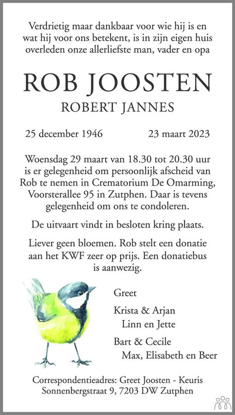 Rob Robert Jannes Joosten Overlijdensbericht En