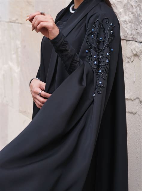 Modern Abaya Black Abaya With Long Open Ended Sleeves Adorned With