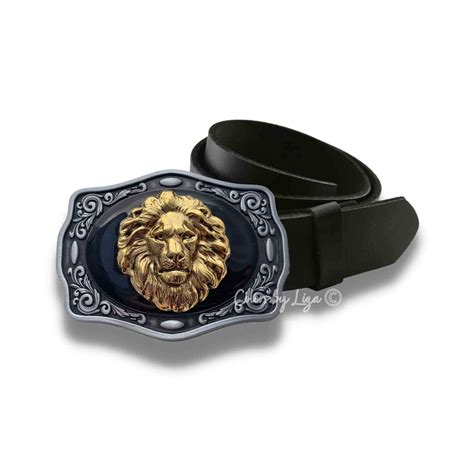 Antique Gold Lion Belt Buckle Inlaid In Hand Painted Black Opaque