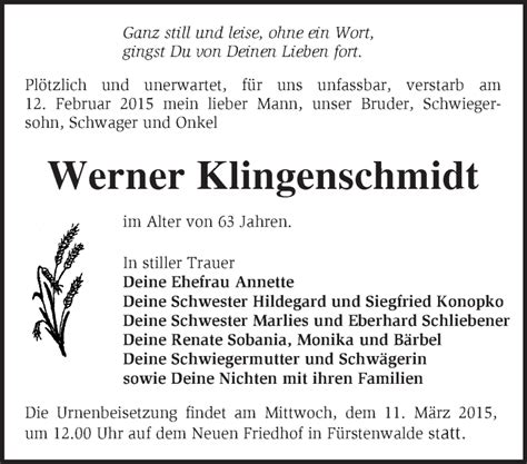 Traueranzeigen Von Werner Klingenschmidt M Rkische Onlinezeitung