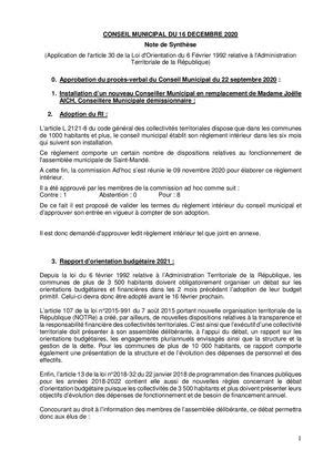 Calaméo Conseil Municipal 16 Décembre 2020 note de synthèse