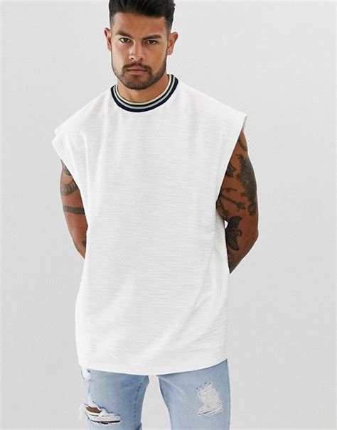 Asos Design Oversized Sleeveless T Shirt With Tipping In White