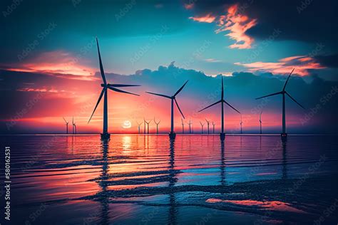 Offshore Wind Power Wind Turbines In Sea On Sunset Offshore Wind Farm Park Green Energy Ai