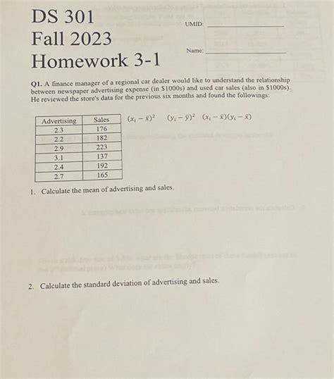 Solved DS 301 UMID Fall 2023 Homework 3 1 Name Q1 A Chegg