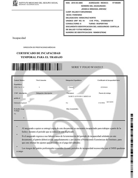 Justificante Incapacidad Imss Diciembre Incapacidad