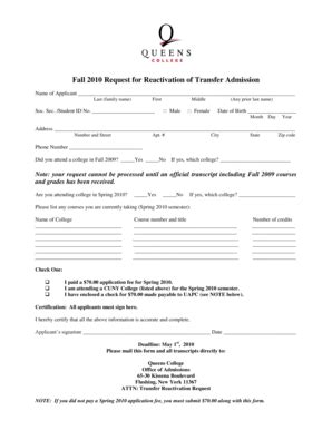 Fillable Online Qc Cuny Fall Request For Reactivation Of Transfer