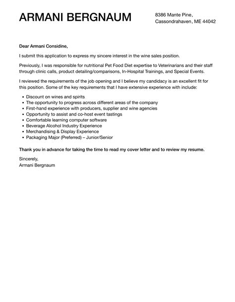 Wine Sales Cover Letter Velvet Jobs