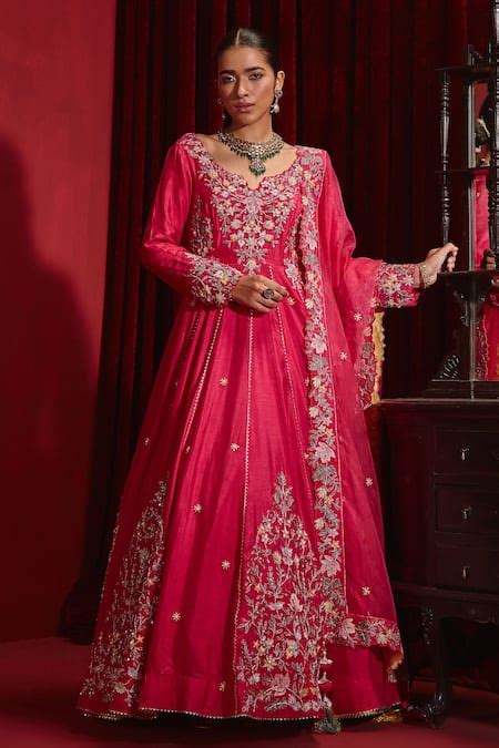 Buy Pink Dupion Silk Embroidered Floral Patterns Naira Long Anarkali